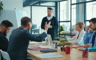 Boss executive telling bad news on corporate meeting presentation. Unhappy angry coworkers feel displeased complaining about company failure.