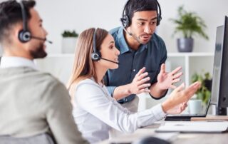 Manager, assistance and call center agent with headphones for customer service, crm or support. Sales representative, people and telemarketing with help or collaboration for consulting and networking