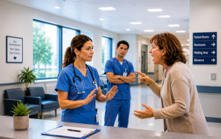 Nurse calmly responding to an angry patient during a verbal confrontation in a hospital hallway.