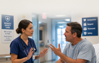 Nurse calmly using de-escalation techniques while speaking with an upset hospital patient in a healthcare setting.