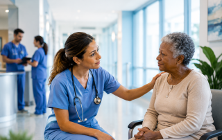 Nurse speaking with an elderly patient in a hospital hallway, demonstrating compassionate communication and patient-centered care.