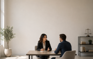 Attorney reviewing notes and preparing for a client meeting in a modern office while practicing thoughtful, professional communication.