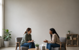 Social worker practicing active listening and empathetic communication during a calm client meeting to de-escalate a difficult conversation.