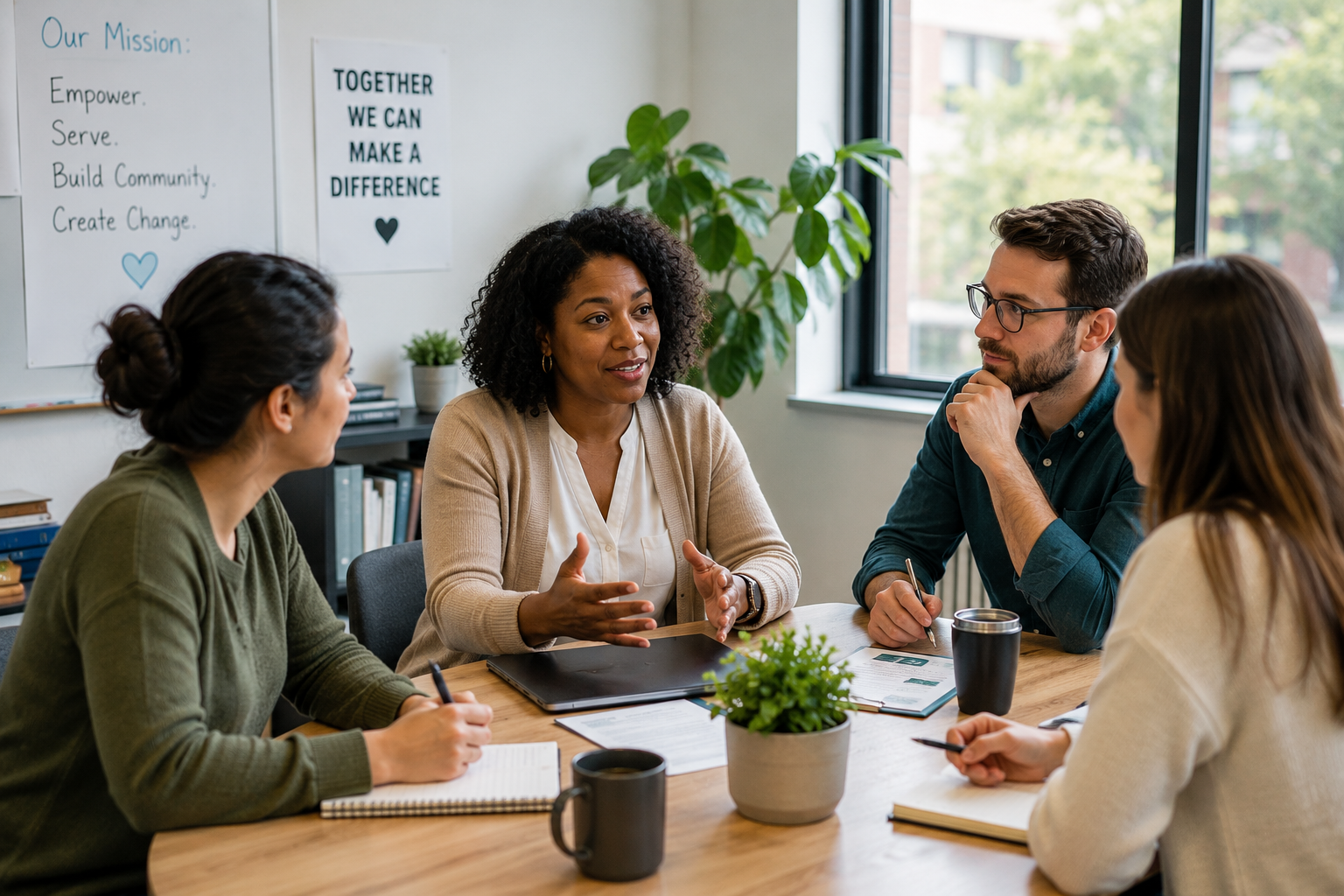 A nonprofit leader facilitates a collaborative team discussion, demonstrating active listening, trust, and psychologically safe workplace communication.