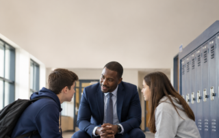 School principal having a calm, supportive conversation with two students in a school hallway to help prevent bullying through communication, conflict resolution, and emotionally intelligent leadership.